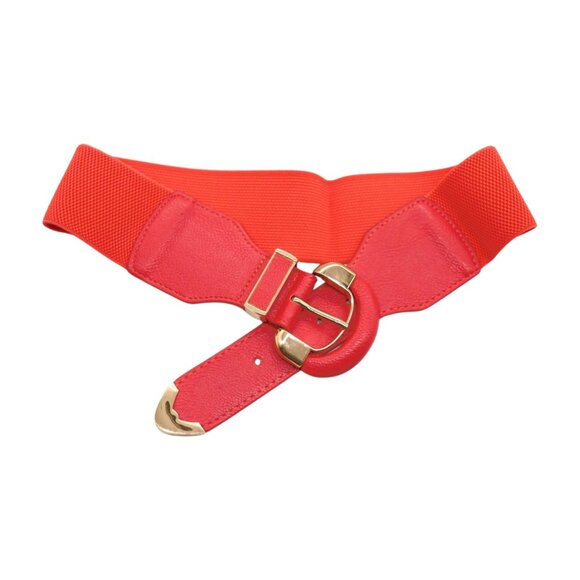 New Women Coral Pink Faux Leather Elastic Waistband Belt Round Gold Buckle S M - Picture 2 of 16